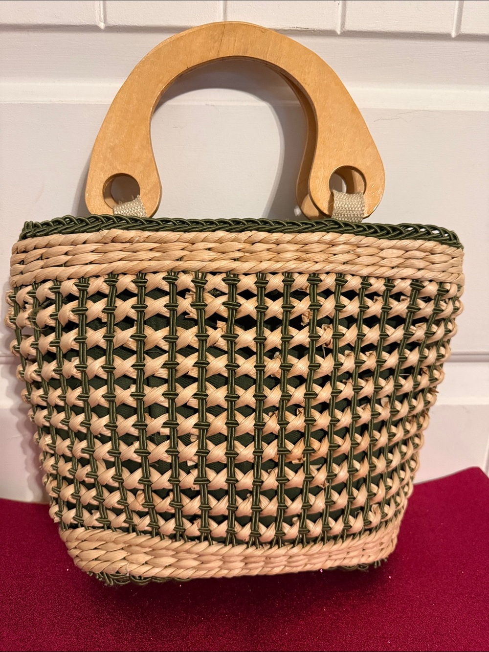 Woven Straw Tote with Wooden Handles - Green & Natural